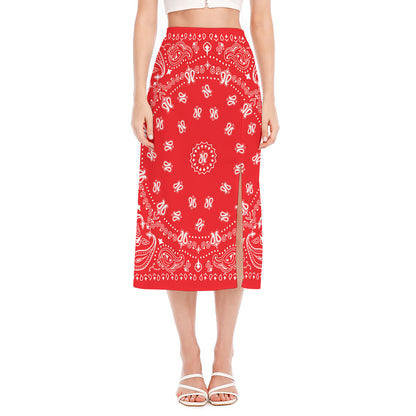 Red Paisley Bandana Print Side Slit Midi Skirt