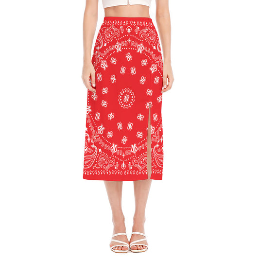Red Paisley Bandana Print Side Slit Midi Skirt