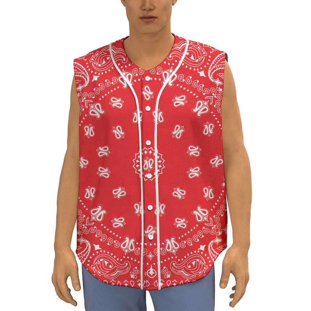 Red Paisley Bandana Print Sleeveless Baseball Jersey