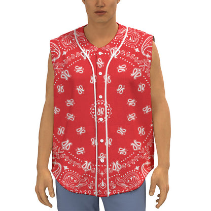 Red Paisley Bandana Print Sleeveless Baseball Jersey