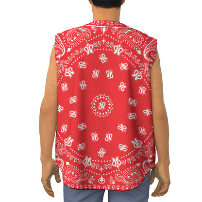 Red Paisley Bandana Print Sleeveless Baseball Jersey