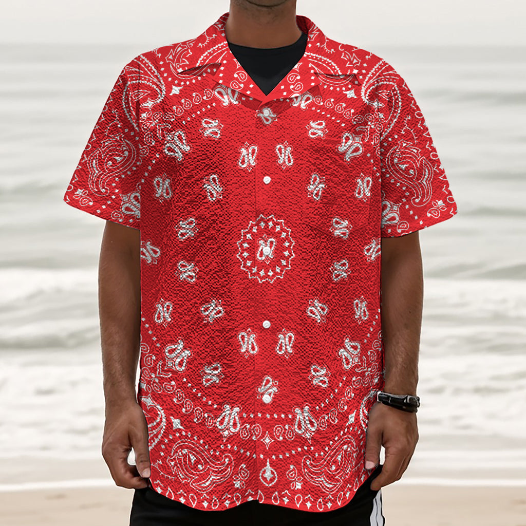 Red Paisley Bandana Print Textured Short Sleeve Shirt