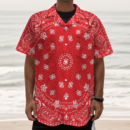 Red Paisley Bandana Print Textured Short Sleeve Shirt
