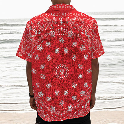 Red Paisley Bandana Print Textured Short Sleeve Shirt