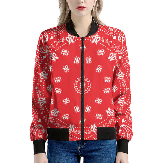Red Paisley Bandana Print Women's Bomber Jacket
