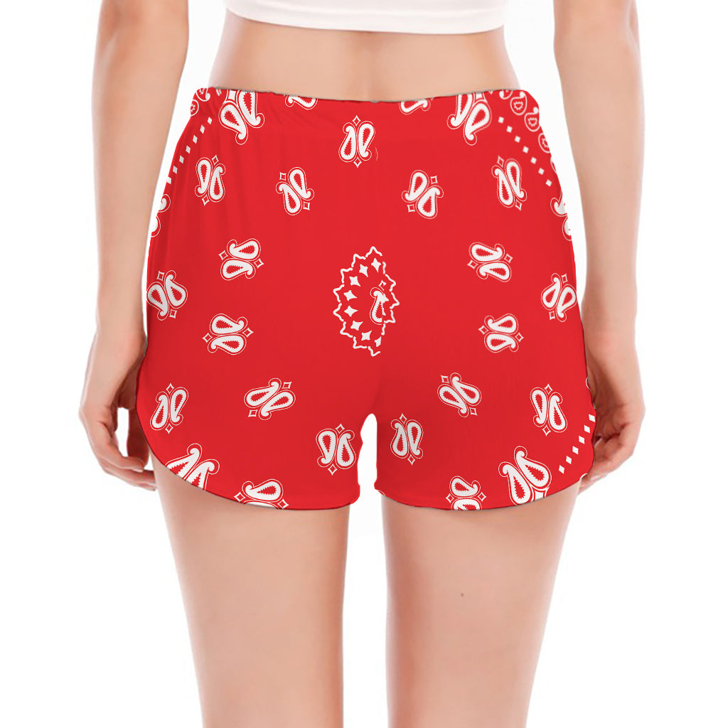 Red Paisley Bandana Print Women's Split Running Shorts