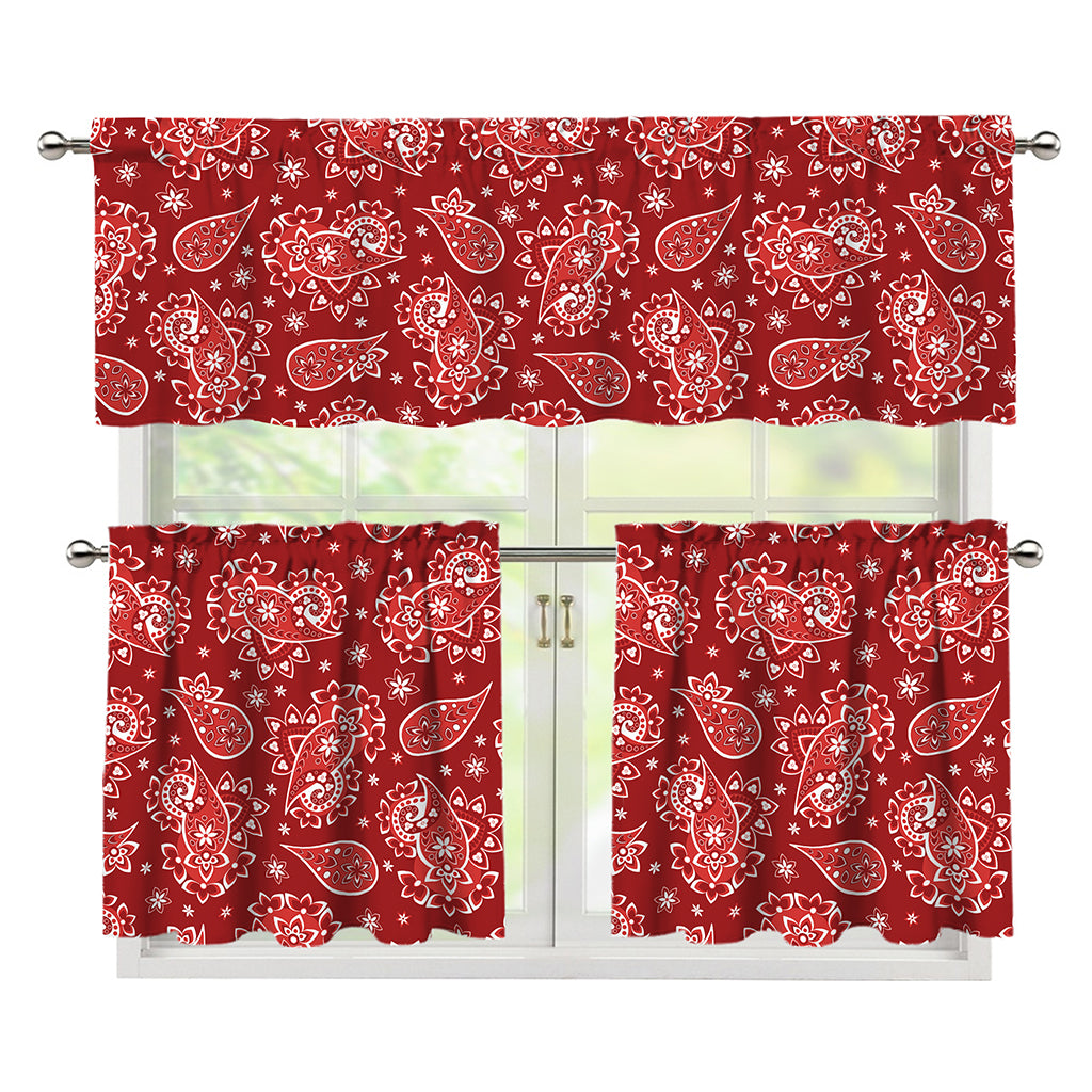 Red Paisley Pattern Print 3 Piece Kitchen Curtains