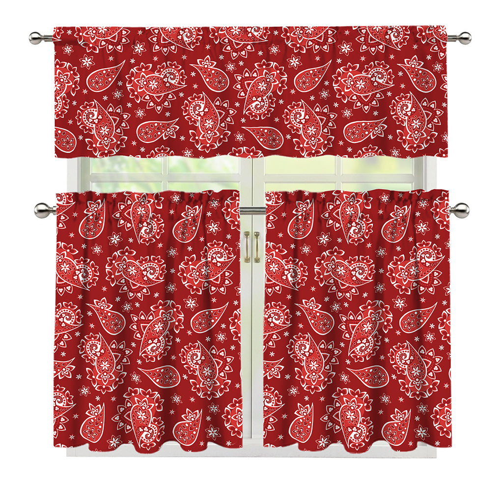 Red Paisley Pattern Print 3 Piece Kitchen Curtains