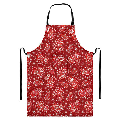 Red Paisley Pattern Print Bib Apron With Pocket
