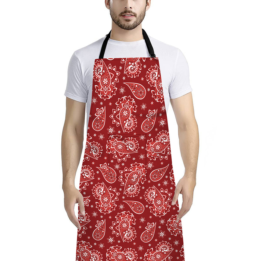 Red Paisley Pattern Print Bib Apron With Pocket