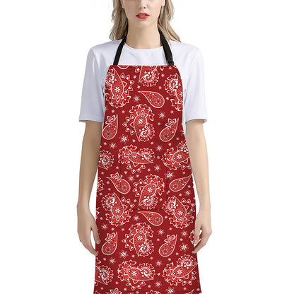 Red Paisley Pattern Print Bib Apron With Pocket