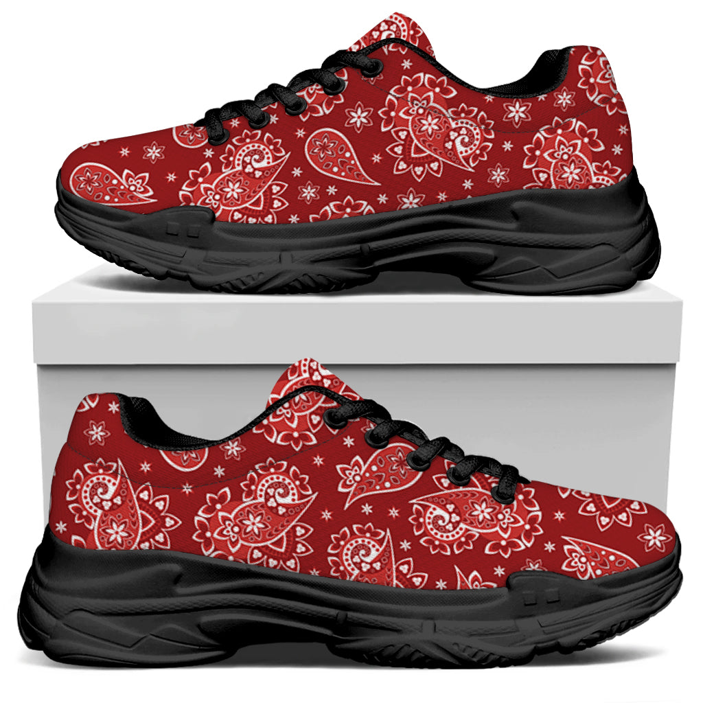 Red Paisley Pattern Print Black Chunky Shoes