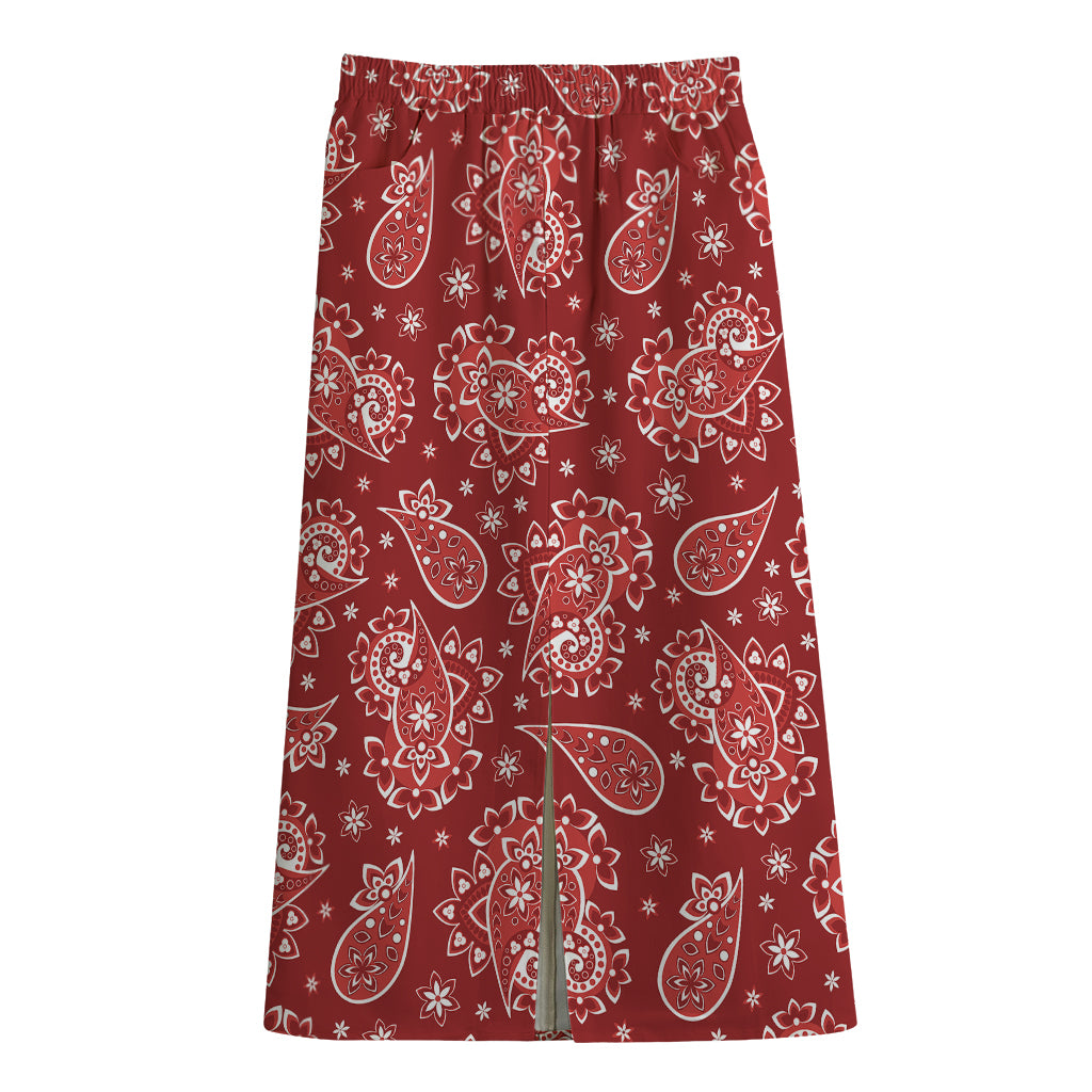 Red Paisley Pattern Print Cotton Front Slit Maxi Skirt