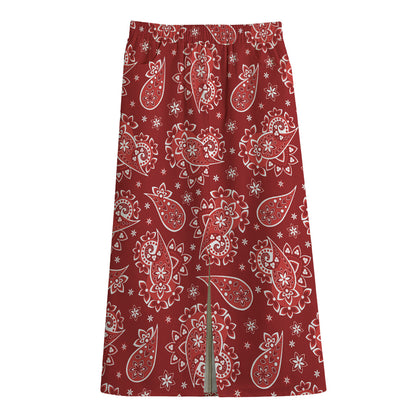 Red Paisley Pattern Print Cotton Front Slit Maxi Skirt