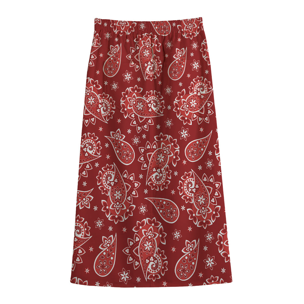 Red Paisley Pattern Print Cotton Front Slit Maxi Skirt
