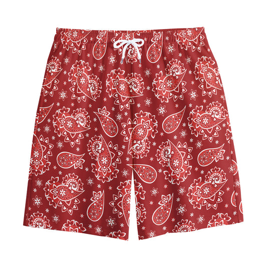 Red Paisley Pattern Print Cotton Shorts