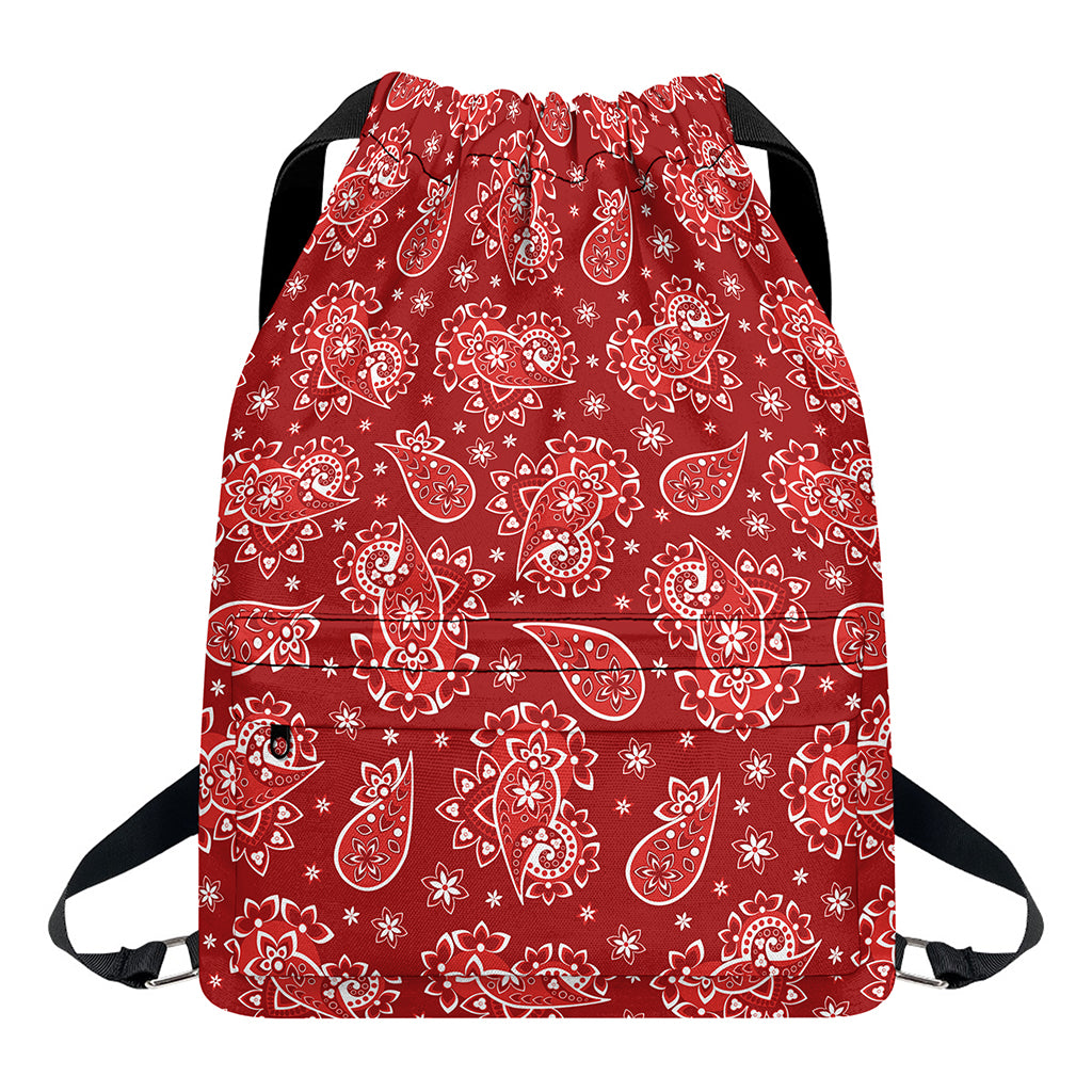 Red Paisley Pattern Print Drawstring Backpack