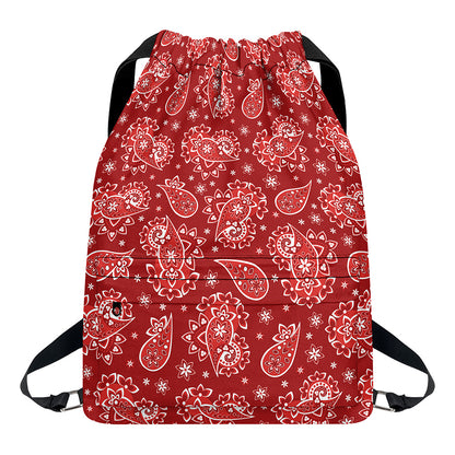 Red Paisley Pattern Print Drawstring Backpack
