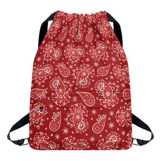 Red Paisley Pattern Print Drawstring Backpack