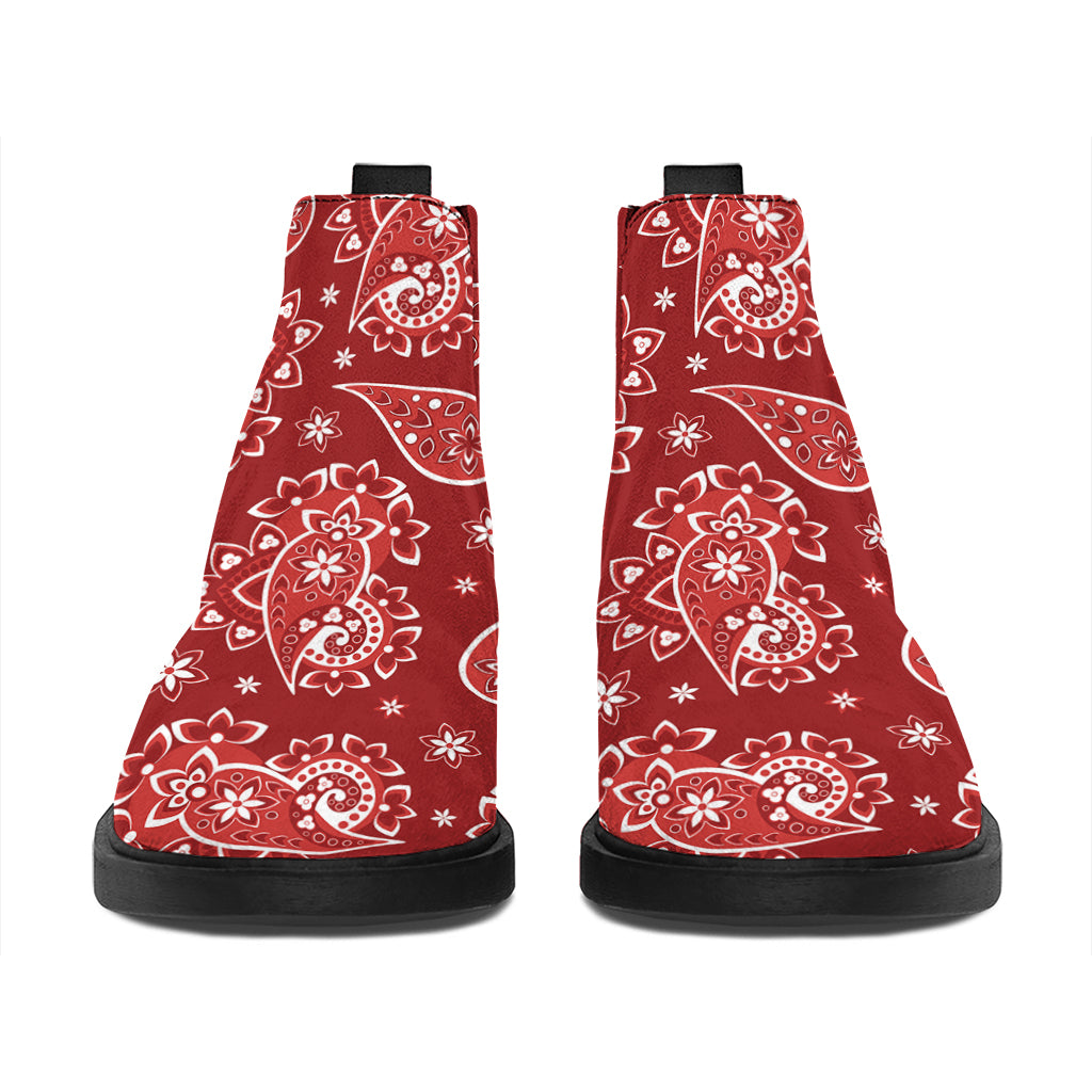 Red Paisley Pattern Print Flat Ankle Boots