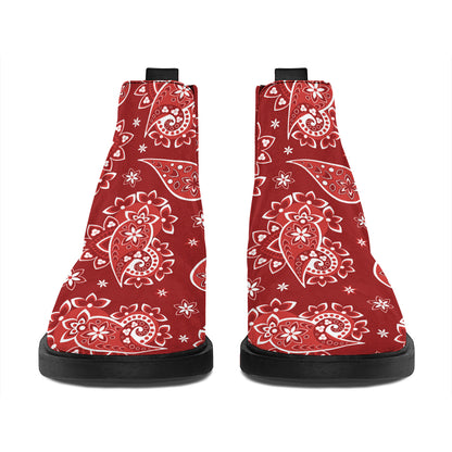 Red Paisley Pattern Print Flat Ankle Boots