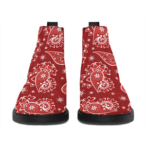 Red Paisley Pattern Print Flat Ankle Boots