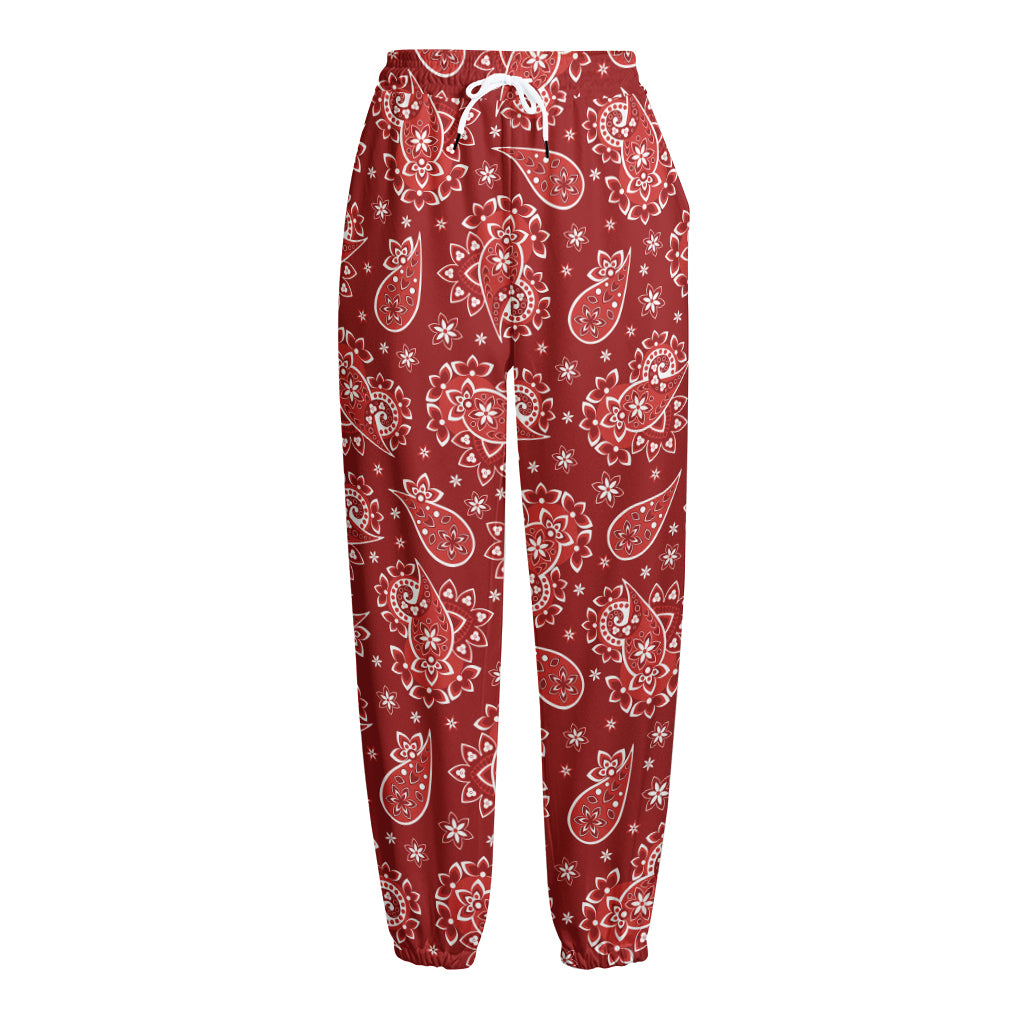 Red Paisley Pattern Print Fleece Lined Knit Pants