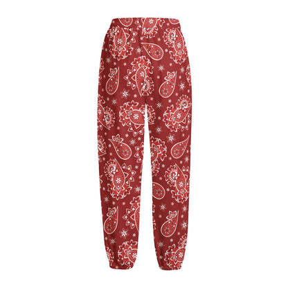 Red Paisley Pattern Print Fleece Lined Knit Pants