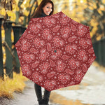 Red Paisley Pattern Print Foldable Umbrella