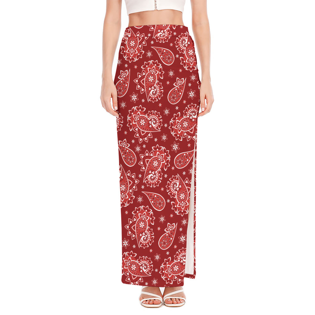 Red Paisley Pattern Print High Slit Maxi Skirt