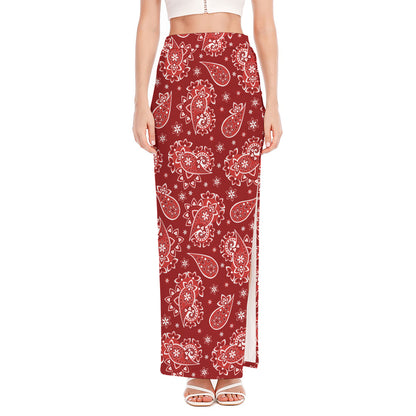Red Paisley Pattern Print High Slit Maxi Skirt