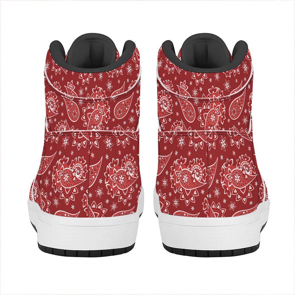 Red Paisley Pattern Print High Top Leather Sneakers