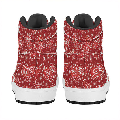 Red Paisley Pattern Print High Top Leather Sneakers