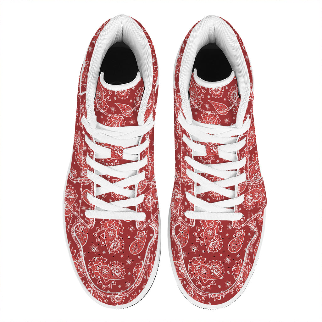 Red Paisley Pattern Print High Top Leather Sneakers