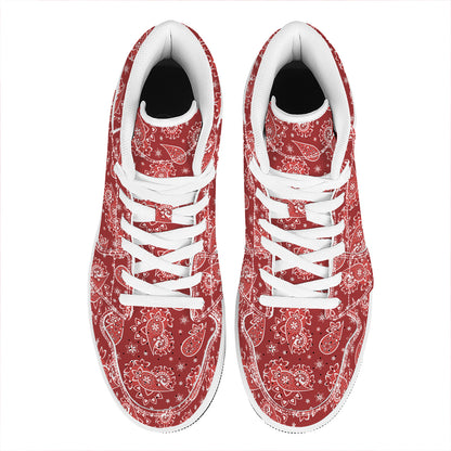 Red Paisley Pattern Print High Top Leather Sneakers