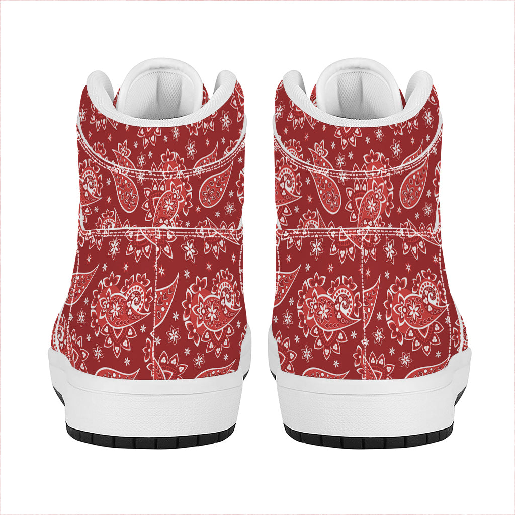 Red Paisley Pattern Print High Top Leather Sneakers