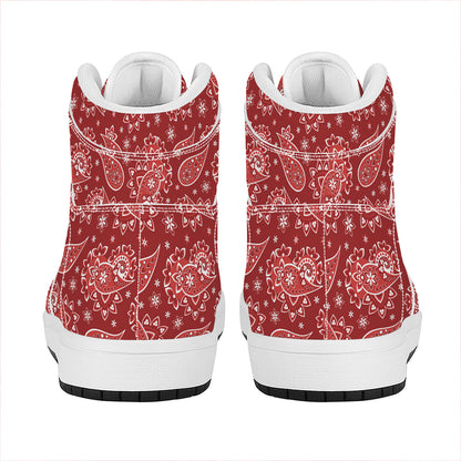 Red Paisley Pattern Print High Top Leather Sneakers