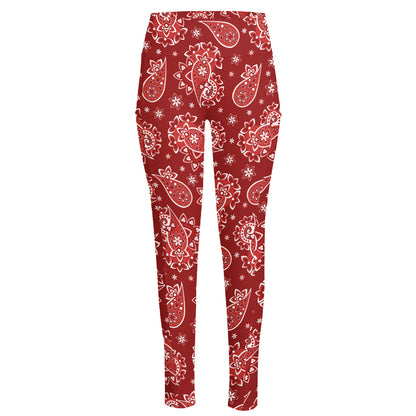 Red Paisley Pattern Print High-Waisted Pocket Leggings