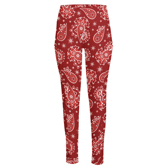 Red Paisley Pattern Print High-Waisted Pocket Leggings