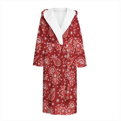 Red Paisley Pattern Print Hooded Bathrobe
