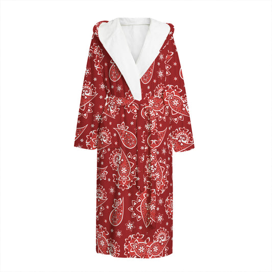 Red Paisley Pattern Print Hooded Bathrobe