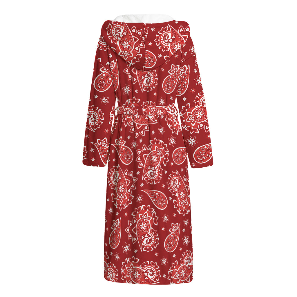 Red Paisley Pattern Print Hooded Bathrobe