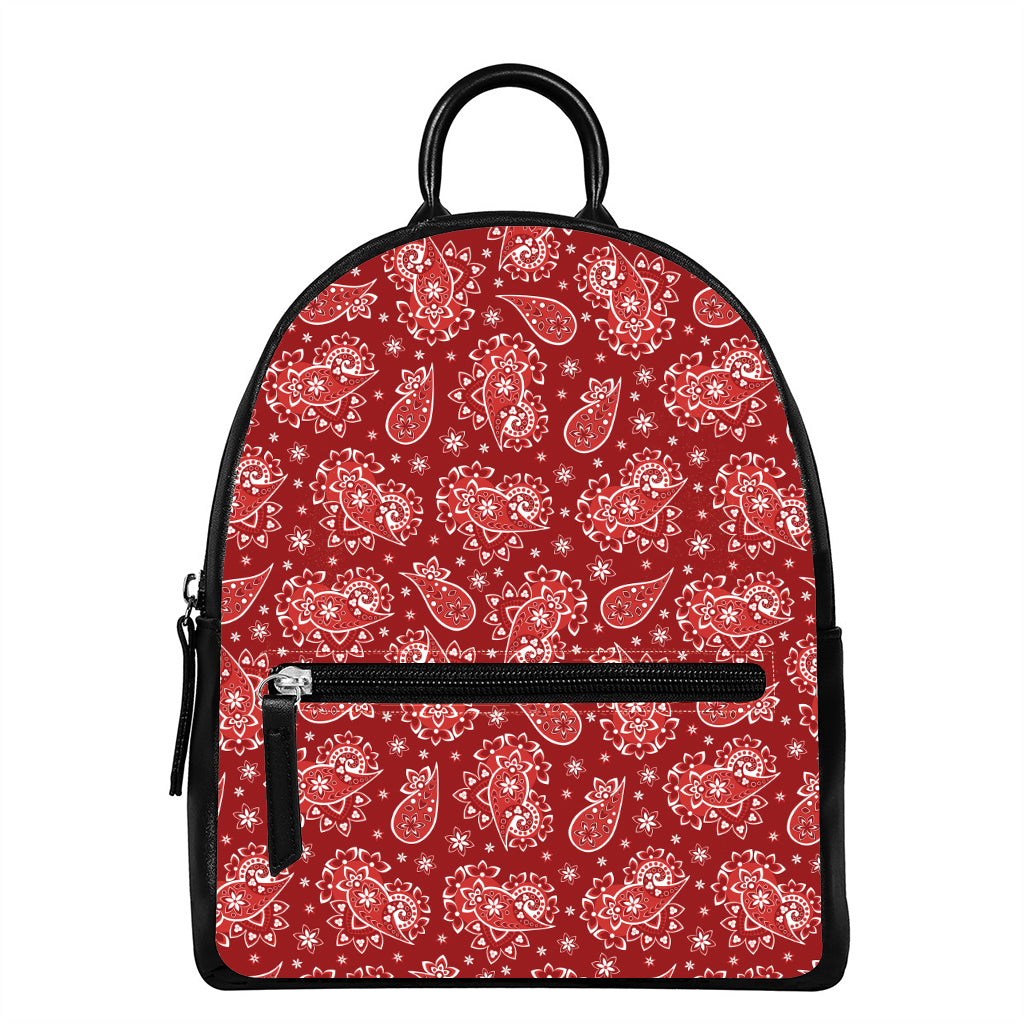 Red Paisley Pattern Print Leather Backpack