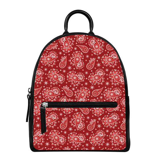 Red Paisley Pattern Print Leather Backpack