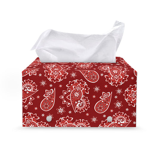 Red Paisley Pattern Print Leather Tissue Box Cover