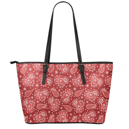 Red Paisley Pattern Print Leather Tote Bag