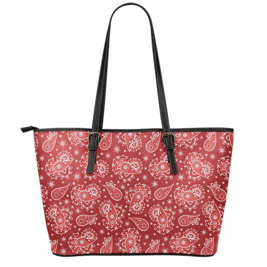 Red Paisley Pattern Print Leather Tote Bag