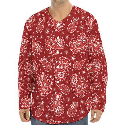 Red Paisley Pattern Print Long Sleeve Baseball Jersey