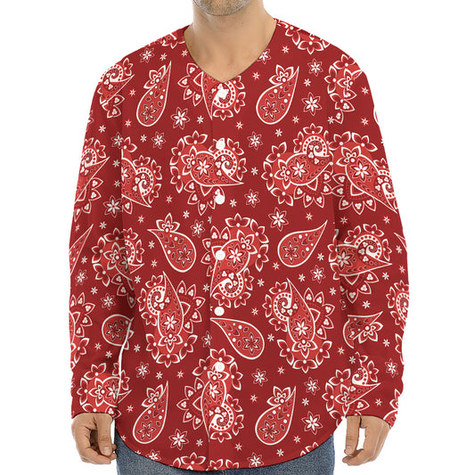 Red Paisley Pattern Print Long Sleeve Baseball Jersey