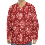 Red Paisley Pattern Print Long Sleeve Baseball Jersey